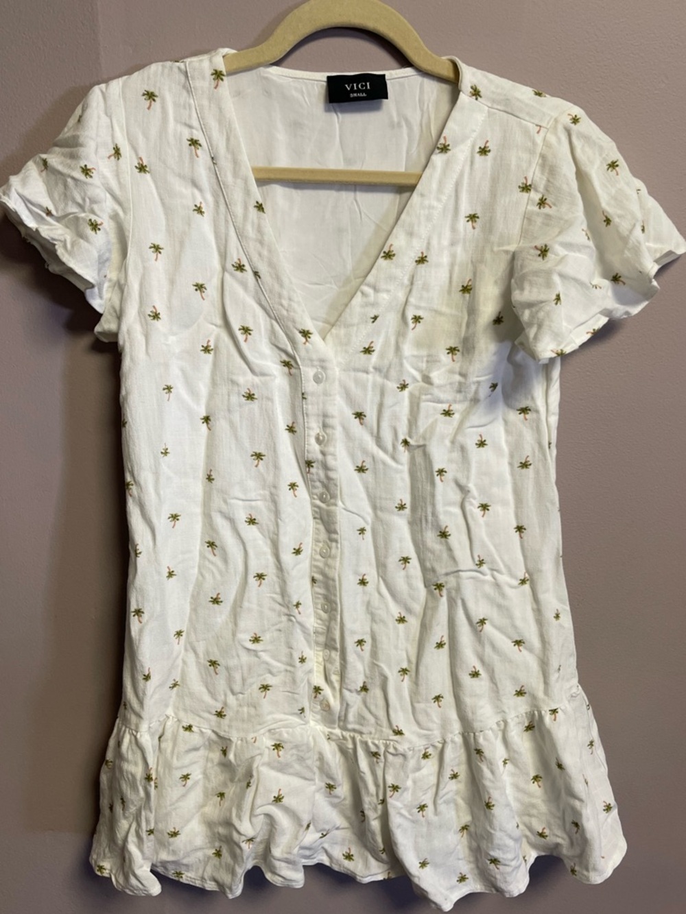 VICI Cream V-Neck Ruffle Hem mini dress with Green Palm. Size S